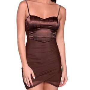 Windsor Taupe Ruched Corset BodyCon Mini Dress NEW